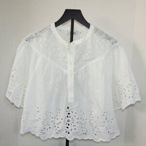 Madewell Embroidered Shirred Henley Top – Women’s Size Small – White – NWT